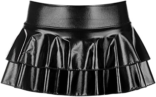 Fldy kadın Katı Yenilik Metalik Pileli Mini Etek Çift Katmanlı Tutu Flare Dans Elbiseler Siyah C Bir Boyut