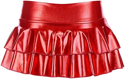 Fldy kadın Katı Yenilik Metalik Pileli Mini Etek Çift Katmanlı Tutu Flare Dans Elbiseler Kırmızı C Bir Boyut