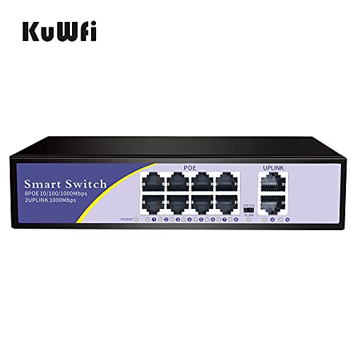 KuWFi 8 Bağlantı Noktalı Gigabit PoE Ethernet Anahtarı, 8 x Gigabit PoE, 2 x Gigabit SFP Yuvası, Metal Ağ Anahtarı