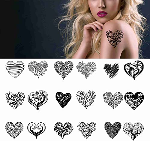 Tattoonova Kalp 18 yaprak Geçici Dövmeler Yetişkinler için Erkekler ve Kadınlar Siyah ve Beyaz Her türlü Aşk Kalp