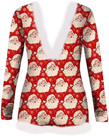 Kadınlar için cadılar bayramı Tulumlar Butt Flap Gnome Santa Baskı Derin V Boyun Onesie Tulum Bodysuit Pijama Noel