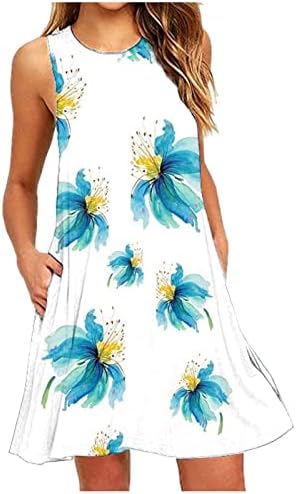 Yensiz Kadınlar için 2023 Yaz Elbiseler Plaj Çiçek Tshirt Kolsuz Cepler Casual Gevşek Salıncak Tankı Elbise