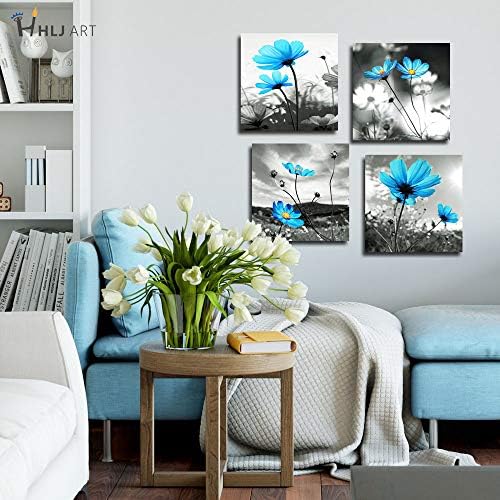 Mavi Çiçek Duvar Sanatı: Teal Çiçek Oturma Odası Süslemeleri için Tuval Resimleri, Modern Gri Sanat 4 Panel Çiçekler