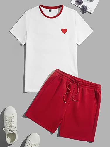 OSHHO İki Parçalı Kıyafetler Erkekler için Erkekler Kalp Baskı Tee ve İpli Bel Şort (Renk: Kırmızı ve Beyaz, Boyut:
