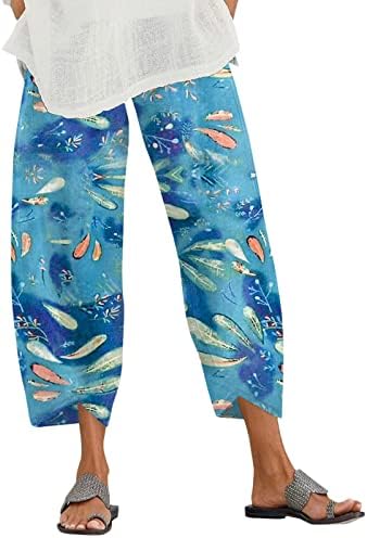 Bayan Pamuk Keten kapri pantolonlar, Elastik Yüksek Bel Geniş Bacak Gevşek Fit Yoga Kapriler Grafik Çiçek Baskılı
