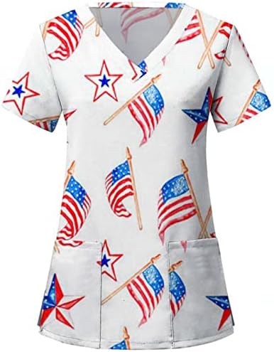4th Temmuz T Shirt Kadınlar için Abd Bayrağı Yaz Kısa Kollu V Boyun T-Shirt 2 Cepler Bluzlar Tatil Rahat İş Giysisi