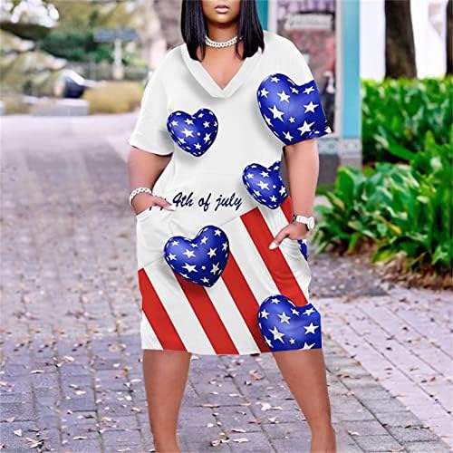 Artı Boyutu Üstleri Kadın V Boyun Yaz Rahat Diz Kısa Kollu Elbise Cepler ile Amerikan Bayrağı Bağımsızlık Günü Elbise