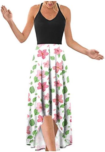 SUTWOEN Maxi Elbiseler Kadınlar için 2023 Moda Halter Boyun Çiçek Elbise Kolsuz İmparatorluğu Bel Düzensiz Tatil Plaj