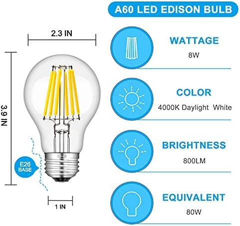 CRLight Pürüzsüz Karartma Sürüm 8 W A19 / A60 LED Edison Ampul, dim 4000 K Günışığı Beyaz, 80 W Eşdeğer 800LM, E26