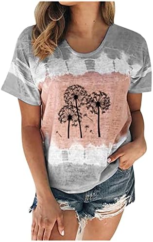Bluz Tshirt Kızlar için Kısa Kollu 2023 Tekne Boyun Pamuk Degrade Karahindiba Çiçek Grafik Seksi Batik T Shirt