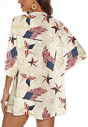 Bayan Kimono Hırka Gevşek Casual Bluz Tops Moda 3/4 Kollu Amerikan Bayrağı Vatansever Şal Gömlek Beachwear