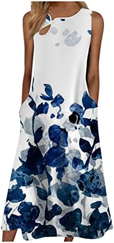 Kadınlar için yaz Elbiseler 2023 Casual Boho Çiçek Elbise Anahtar Deliği Boyun Kolsuz A-Line Midi Sundress Cepler