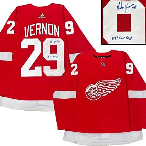 MİKE VERNON, Detroit Red Wings Kırmızı Adidas PRO Forması İmzaladı - 1997 Conn Smythe - İmzalı NHL Formaları