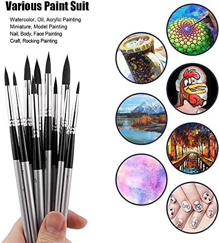 SAWQF 10 adet Yuvarlak Boya Fırçası Seti Sivri Ucu Yumuşak Siyah Saç Sanatçısı Fırça Su Renk Akrilik Mürekkep Guaj