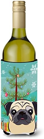 Caroline's Treasures BB1634LİTERK Noel Ağacı ve Açık Kahverengi Pug Şarap Şişesi Hugger, Şişe Soğutucu Kol Hugger