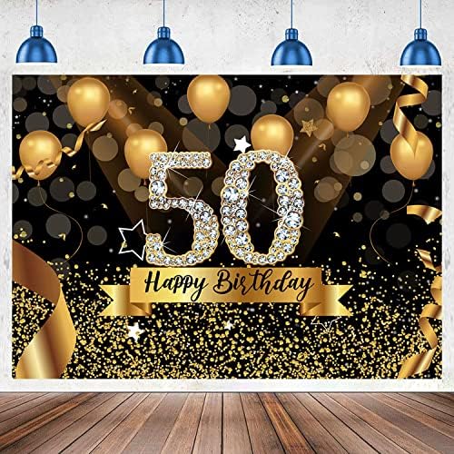 JASREE Vinil 7x5ft Mutlu 50th Doğum Günü Partisi Fotoğraf Backdrop Glitter Siyah ve Altın Balonlar Arka Plan için
