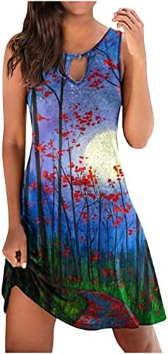 Yaz Boho Elbiseler Kadınlar için 2023 Kelebek Baskı Bir Çizgi Shift Elbise Rahat Anahtar Deliği Kolsuz Mini Tank Sundress