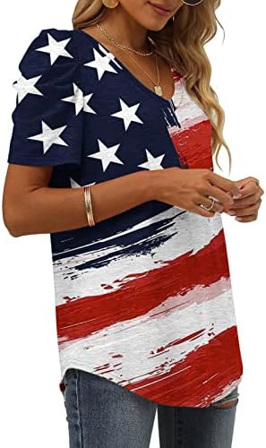 Üst Gömlek Bayan Sonbahar Yaz Kısa Puf Kollu Pamuk Derin V Boyun Amerikan Bayrağı Grafik Casual Bluz DA DA