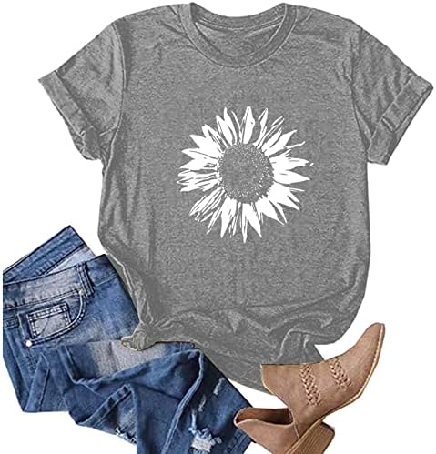 Grafik Tees Kadınlar için Çiçek Baskı O-Boyun kısa tişört Gevşek Bluz Üst Gömlek