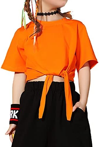 QıanSıLı Kızlar Casual Ekip Boyun Üstleri Kısa Kollu Düz Renk Kravat Askısı Gevşek Yumuşak Mahsul Tops T-Shirt 7-12