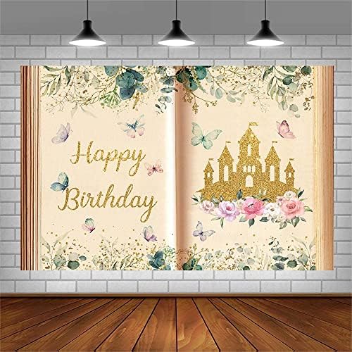 AIBIIN 10x7ft Peri Masalı Kitaplar Mutlu Doğum Günü Backdrop Kız Eski Açılış Kitap Bir Zamanlar Altın Glitter Kale