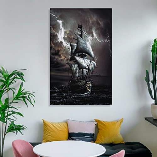HDYDJS Fırtınalı Korsan Gemisi Posteri Siyah Yelkenli Posteri Tuval Boyama Posterler Ve Baskılar Duvar Sanatı Resimleri