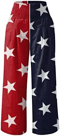 4 temmuz Keten Geniş Bacak Pantolon Kadınlar için ABD Bayrağı Elastik Dantelli Yüksek Belli Geniş Bacak cepli pantolon