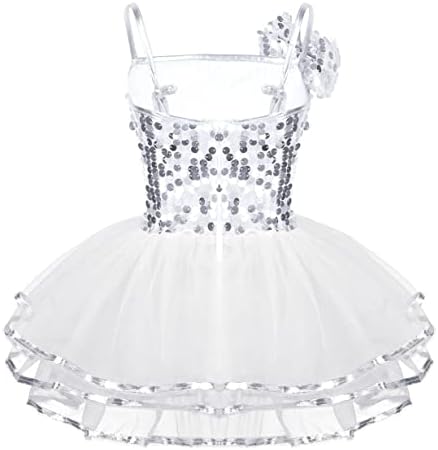 Yeahdor Çocuk Kız Sequins Bale Dans Tutu Elbise Caz Latin Giyim Ilmek Kıyafet Sahne Performansı Kostüm Beyaz 8-9 yıl