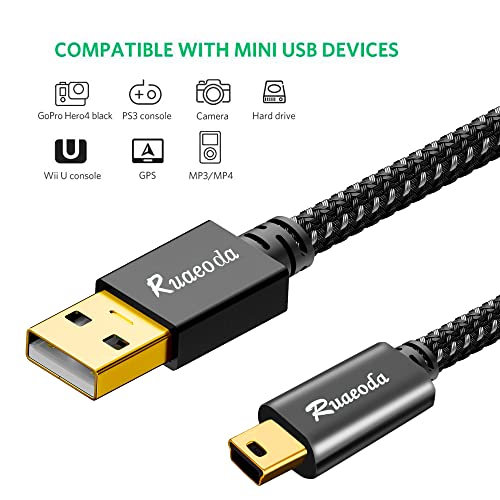Ruaeoda Mini USB Kablosu 20 ft, Mini USB Şarj Cihazı 2.0 Tip A'dan Mini 5 Pinli B Kablosuna GoPro Hero 3+, PS3 Denetleyicisi,